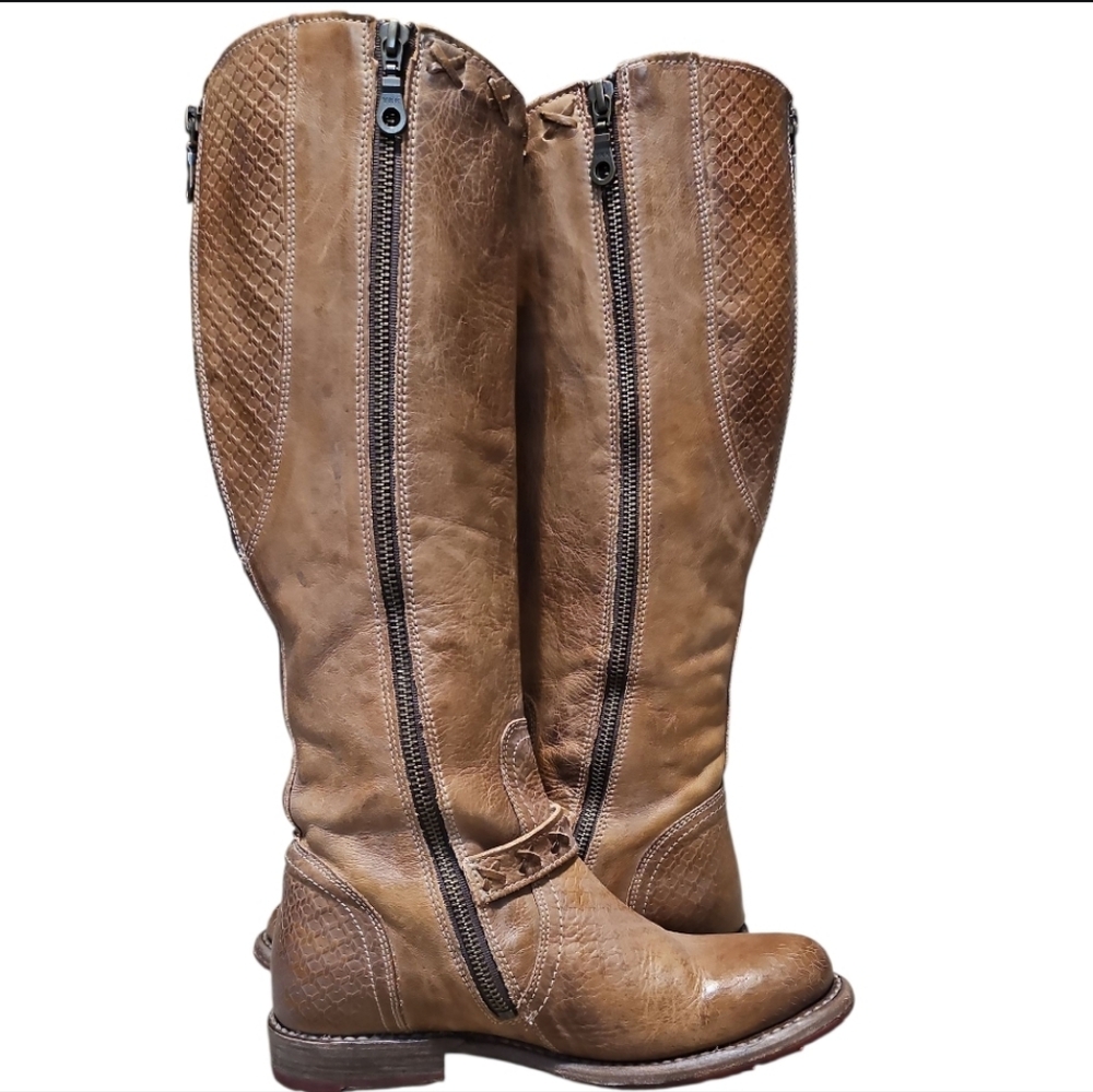 Bed/Stu Glaye Tan Leather Buckle Distressed Ridding Boots - Picture 4 of 14